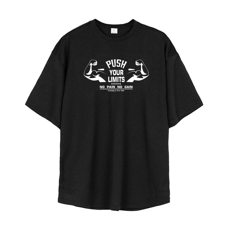 Oversized Loose Mesh Quick-Dry Short-Sleeved Sportswear Gym Bodybuilding Fitness Running Shirts Men's Workout Training T-Shirts