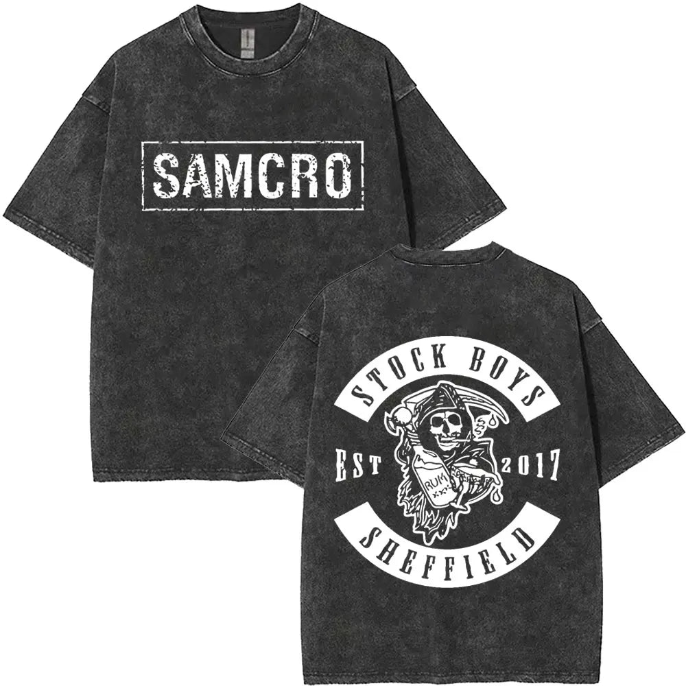 Washed Vintage Sons of Anarchy SAMCRO Double Sided Graphic T Shirt Men Women Hip Hop Rock Oversized T-shirts Male Casual T-shirt