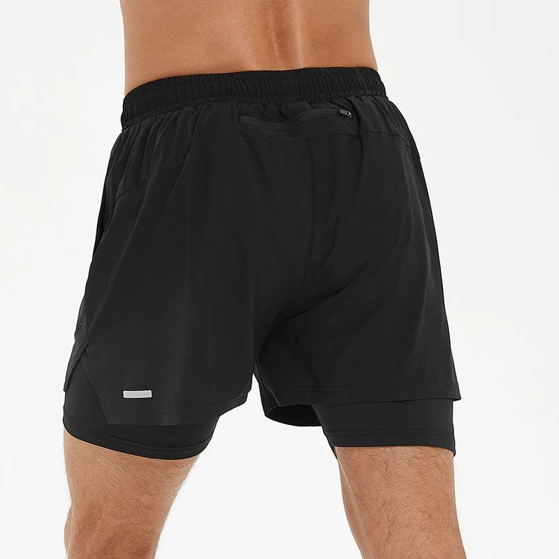 Men 2 in 1 Multi-Pocket Shorts Fitness Workout Lined Tight Short Race Marathon Sweatpants Quick Dry Breathable Scanties Running