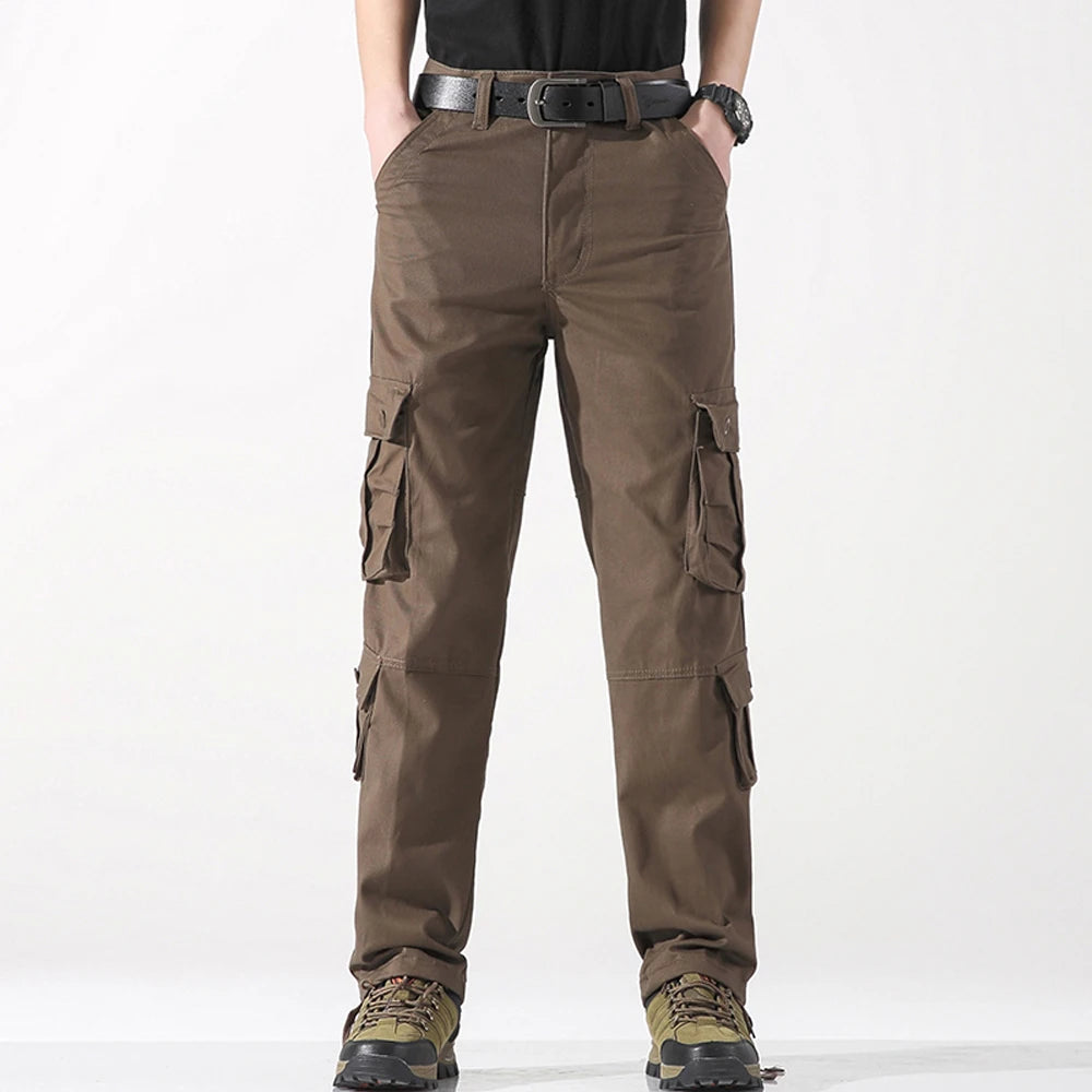 8 POCKETS 100% Cotton Men's Solid Color Cargo Pants, Breathable ComfyOutdoor Pants With Multi Pockets For Hiking Trekking Travel
