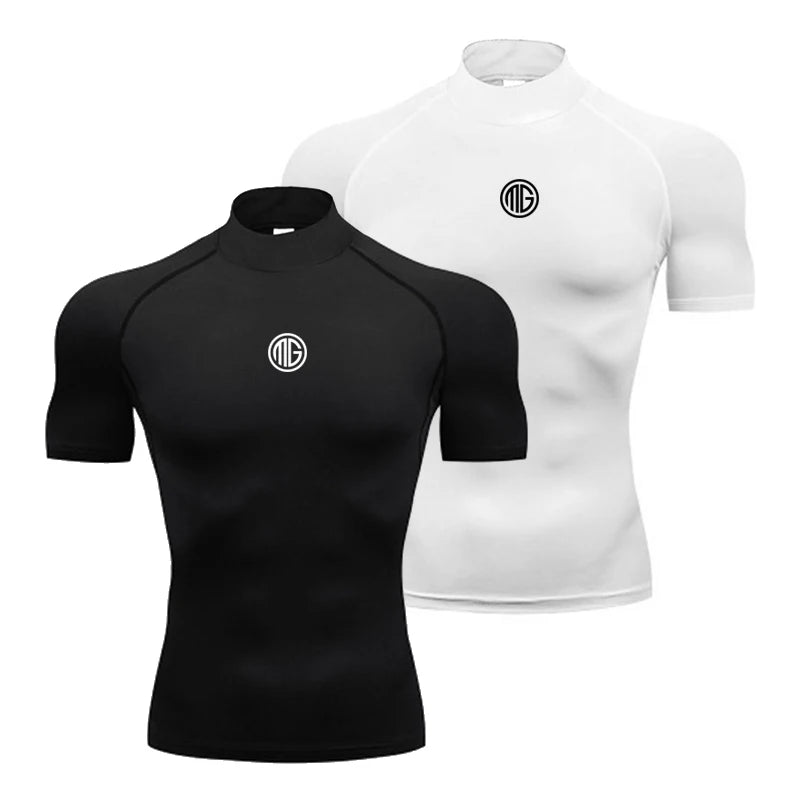 Running T-shirts Mens Compression Shirt Summer Turtleneck Elastic Quick Dry Sports Tees Muscle Gym Workout Short Sleeve T Shirts