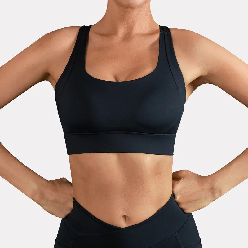 Women Yoga Underwear Solid Color Cross Back Fitness Sport Bra High Strength Tight Top Comprehensive Training Gym with Chest Pad