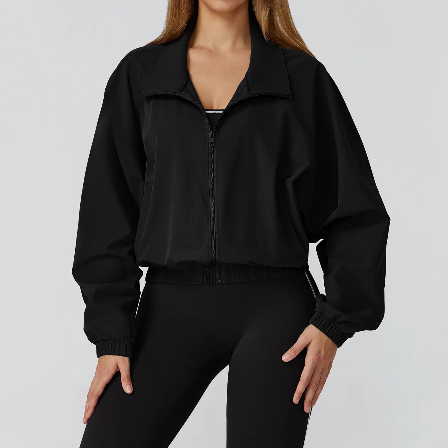 Women Sport Jacket Long Sleeve Shirt Gym Sportswear Quick Drying Stand Up Collar Zipper Top Windproof Outdoor Running Yoga Jacke