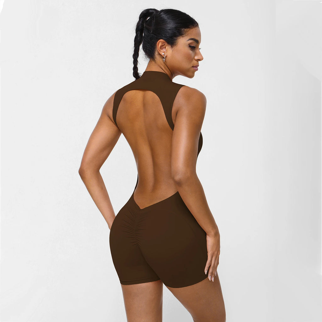 Women Fitness Backless Jumpsuit Sleeveless Gym Running Training Shorts Set Lift Buttocks Padded Jumpsuit