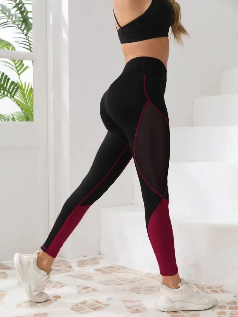 Women's high-waisted yoga pants, patchwork color block mesh stitching, hip-lifting, sports casual leggings, soft fabric, full of