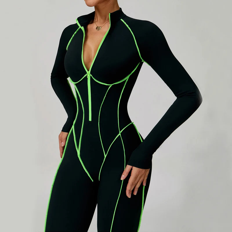 VITALINOVO Women Long Sleeve Workout Jumpsuit Zip Up Romper Bottom Pants Built-in Bra Bodysuit Bodycon Sexy One Piece Colorblock