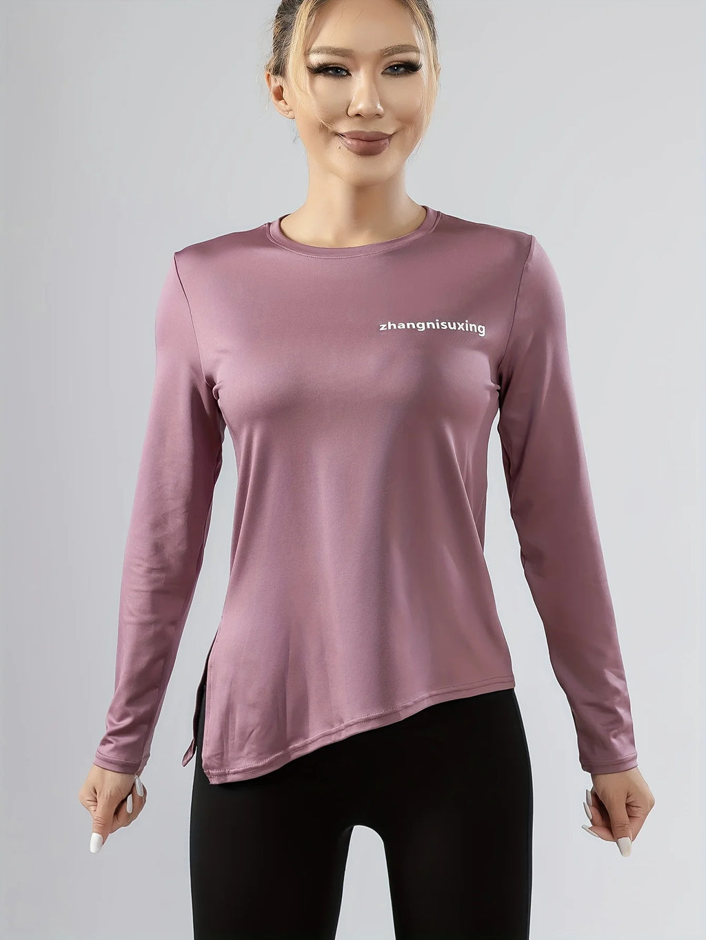 Letter Print Round Neck Long Sleeve T-shirt, Fitness Yoga Split Hem Top, Women's Tops