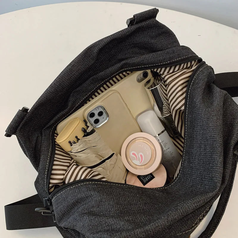 2025 New Women's Denim Crossbody Bag - American Street Style, Large Capacity, Casual Handheld Travel Tote