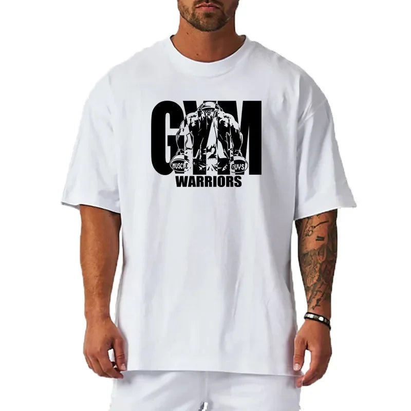 Summer Oversized Mens Cotton Loose Dropped Shoulder Fitness Summer Gym Sports Bodybuilding Short Sleeve T-shirt