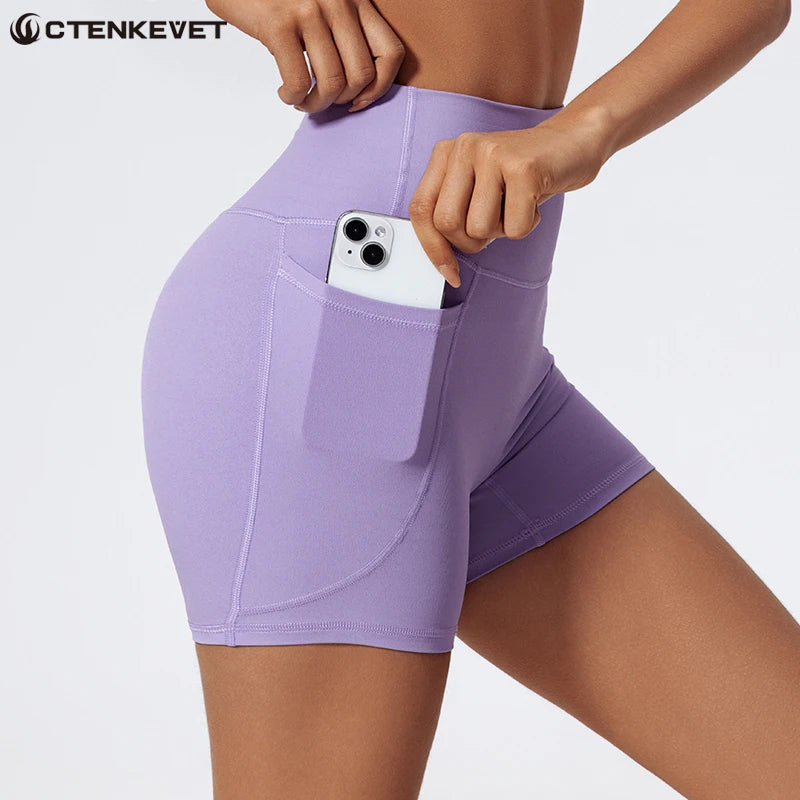 Ctenkevet Women's Pocket Athletic Shorts Running Tight Pants Gym Workout Yoga Trunks Female High Waist Buttock Lift Legging
