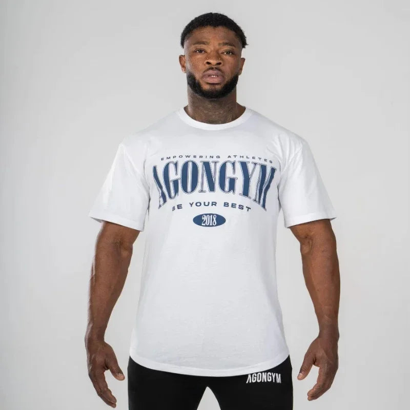 Gym Fitness Agongym Bodybuilding Oversized Loose T-shirt Cotton Men's Muscle Short Sleeve Gym Men's Running Exercise T-shirt Top