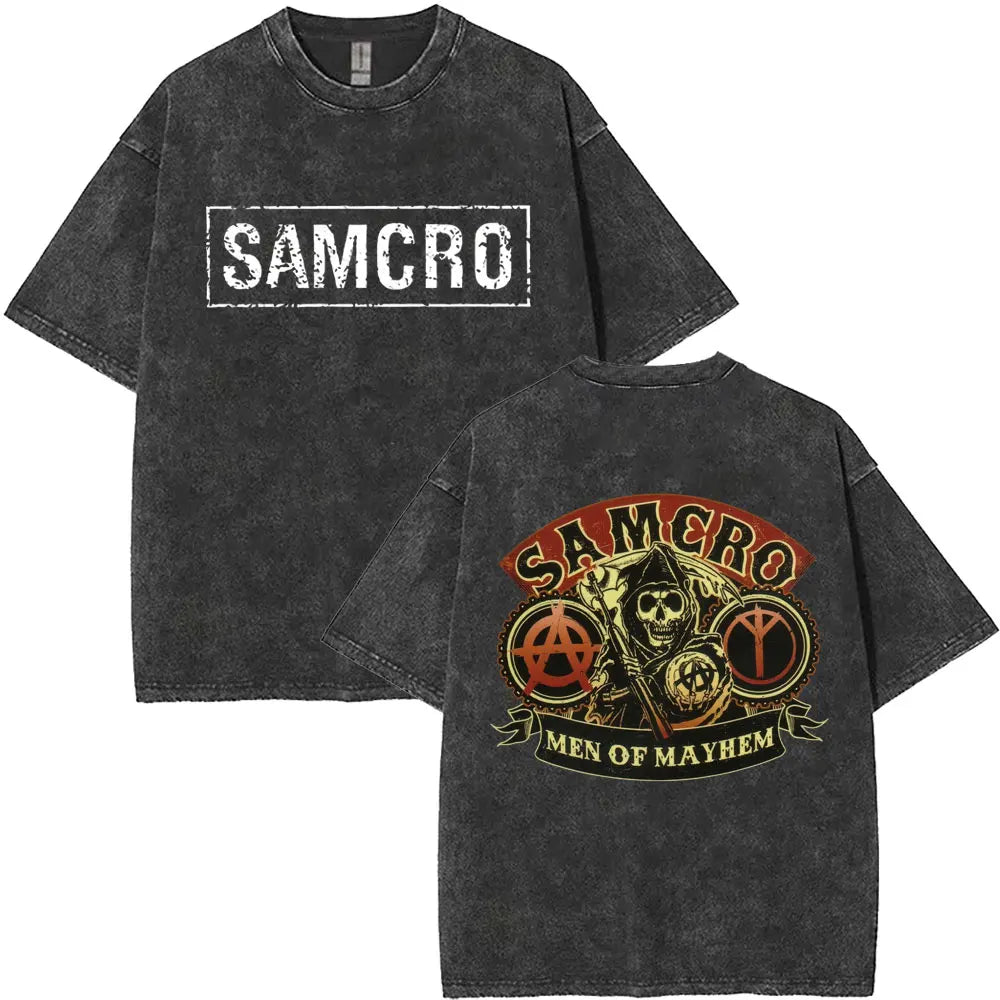 Washed Vintage Sons of Anarchy SAMCRO Double Sided Graphic T Shirt Men Women Hip Hop Rock Oversized T-shirts Male Casual T-shirt