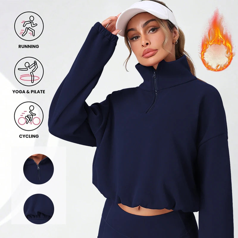 Thermal Half Zip Loose Yoga Shirt Solid Color Fleece Lined Sweatshirt Autumn Winter Pullover Drawstring Hem for Adjustable Fit
