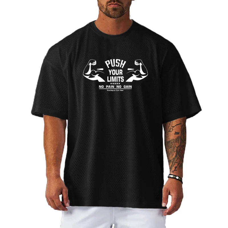 Oversized Loose Mesh Quick-Dry Short-Sleeved Sportswear Gym Bodybuilding Fitness Running Shirts Men's Workout Training T-Shirts