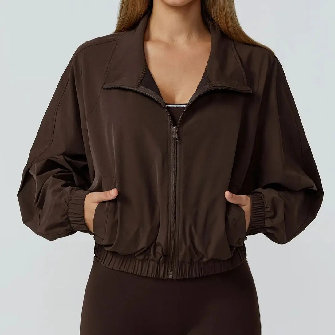 Women Sport Jacket Long Sleeve Shirt Gym Sportswear Quick Drying Stand Up Collar Zipper Top Windproof Outdoor Running Yoga Jacke