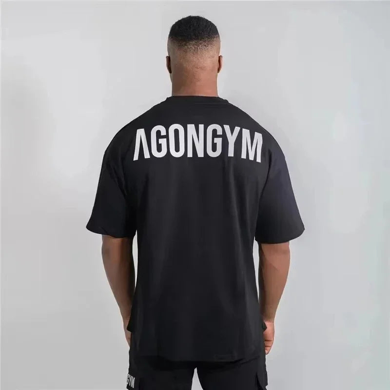 Gym Fitness Agongym Bodybuilding Oversized Loose T-shirt Cotton Men's Muscle Short Sleeve Gym Men's Running Exercise T-shirt Top