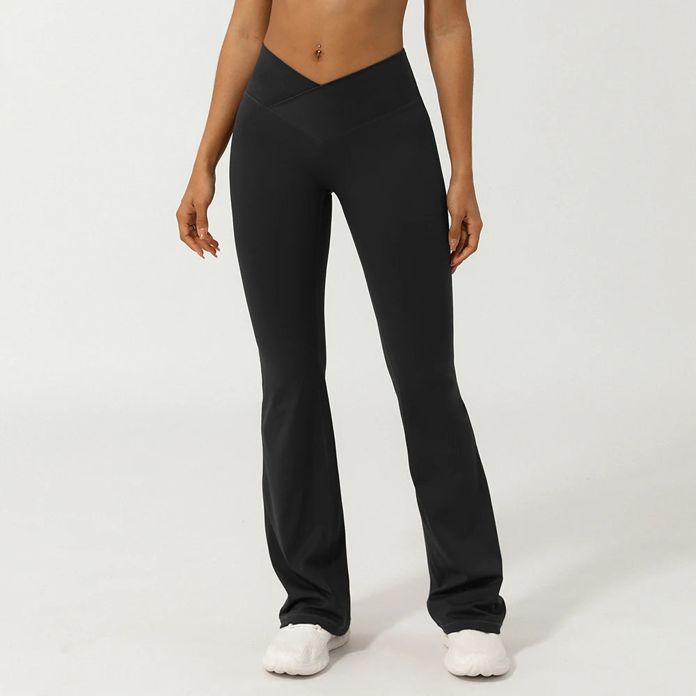 V-Cross Fitness Flare Pants Lifting Buttocks Cross Waist Yoga Sport Leggings Gym Outdoor Acticewear Workout Wide-Leg Pants