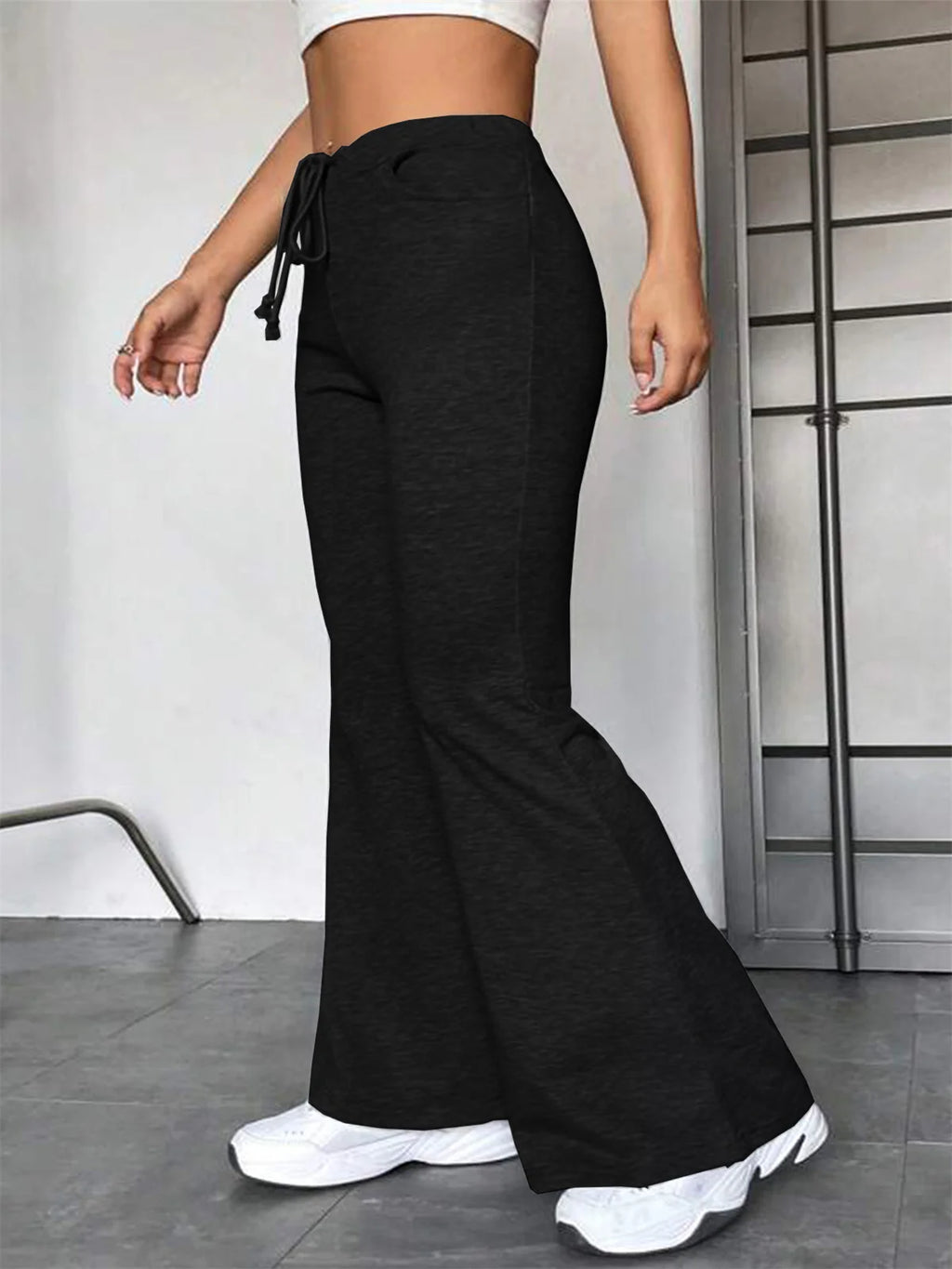 Women Casual Drawstring Flare Pant Autumn Spring Solid High Waist Yoga Sports Pants Chic Baggy Joggers Trousers Slim Streetwear
