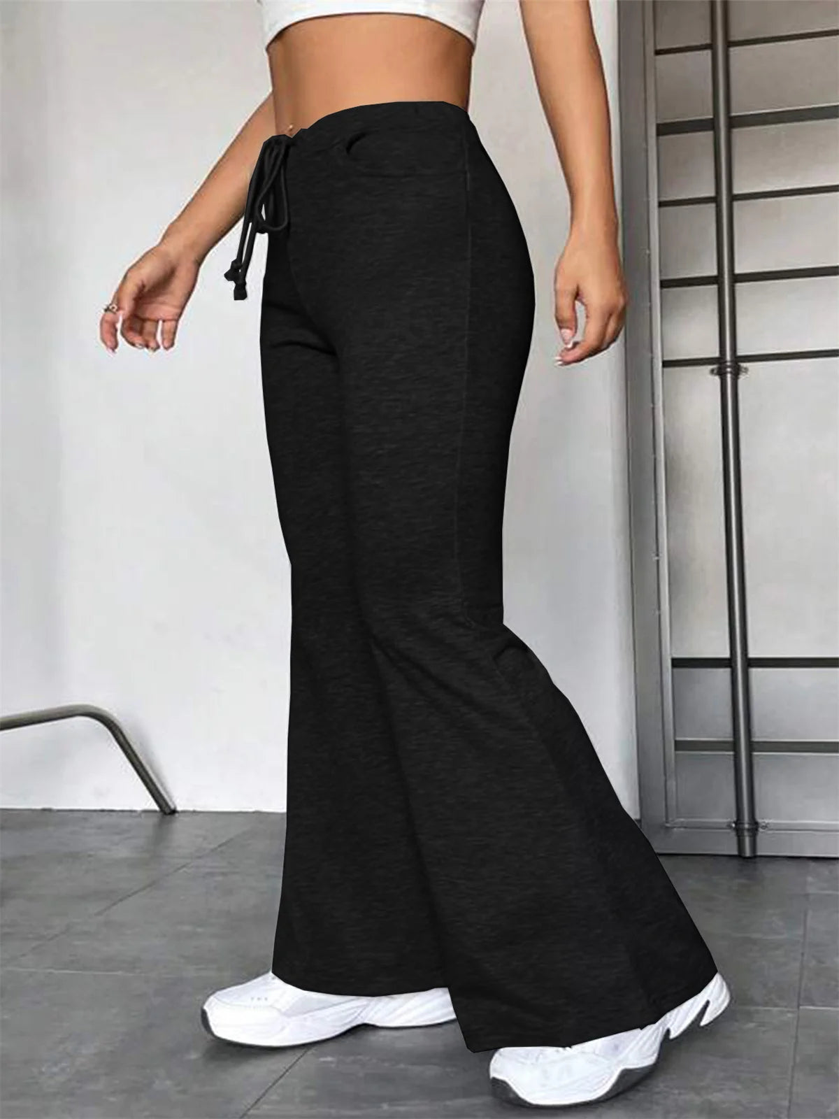 Women Casual Drawstring Flare Pant Autumn Spring Solid High Waist Yoga Sports Pants Chic Baggy Joggers Trousers Slim Streetwear