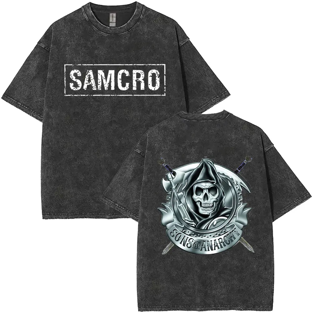 Washed Vintage Sons of Anarchy SAMCRO Double Sided Graphic T Shirt Men Women Hip Hop Rock Oversized T-shirts Male Casual T-shirt