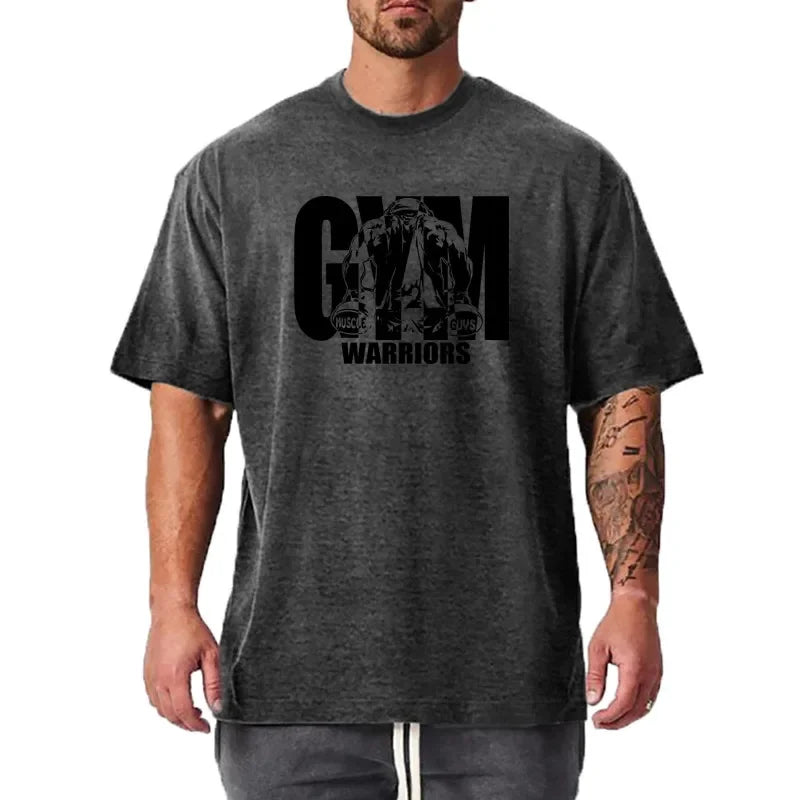 Summer Oversized Mens Cotton Loose Dropped Shoulder Fitness Summer Gym Sports Bodybuilding Short Sleeve T-shirt
