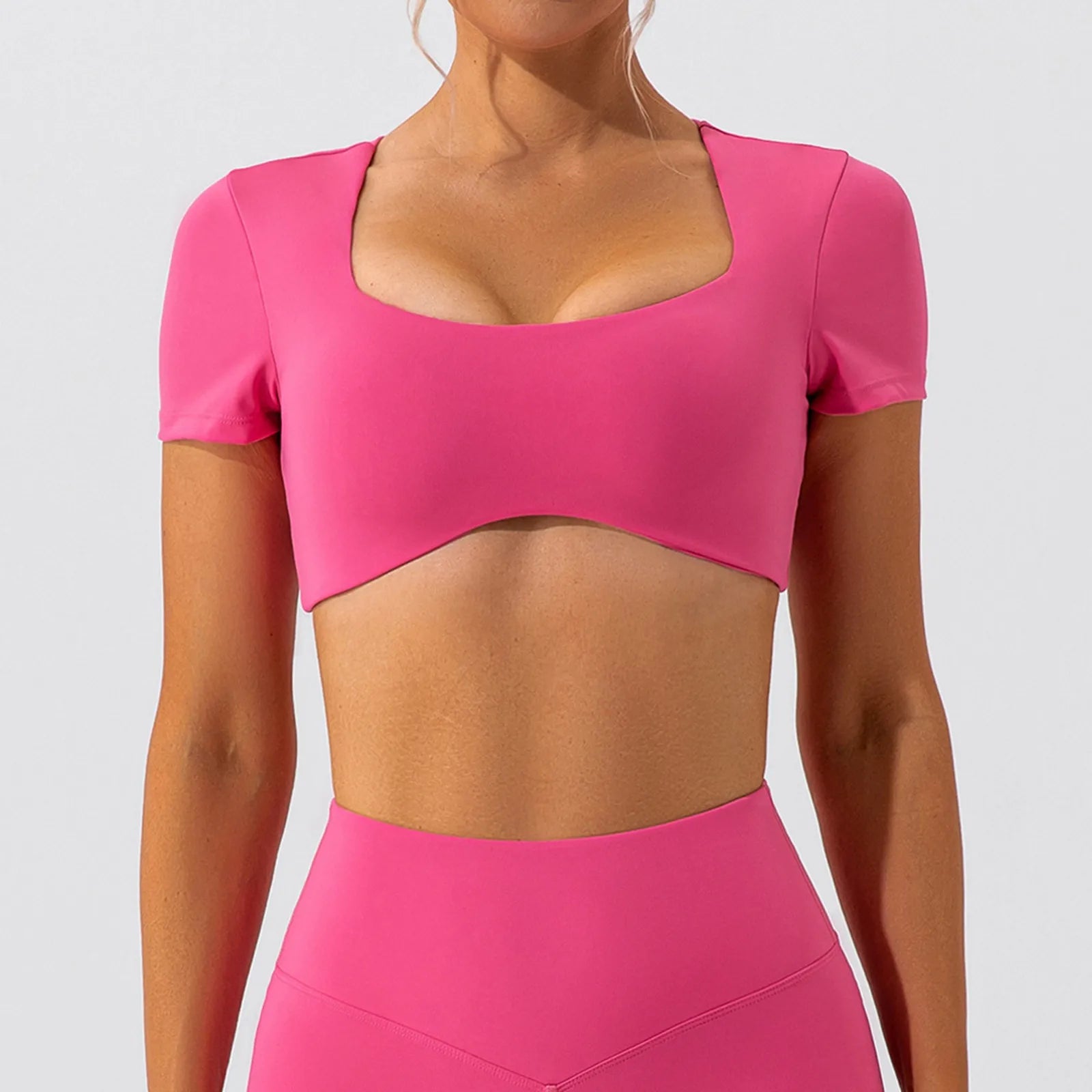 Ultra-Short T-Shirts Women Bare Midriff Square Neck Short Sleeve Tees Yoga Clothes Summer Sportwear Gym Running Quick Dry Tops