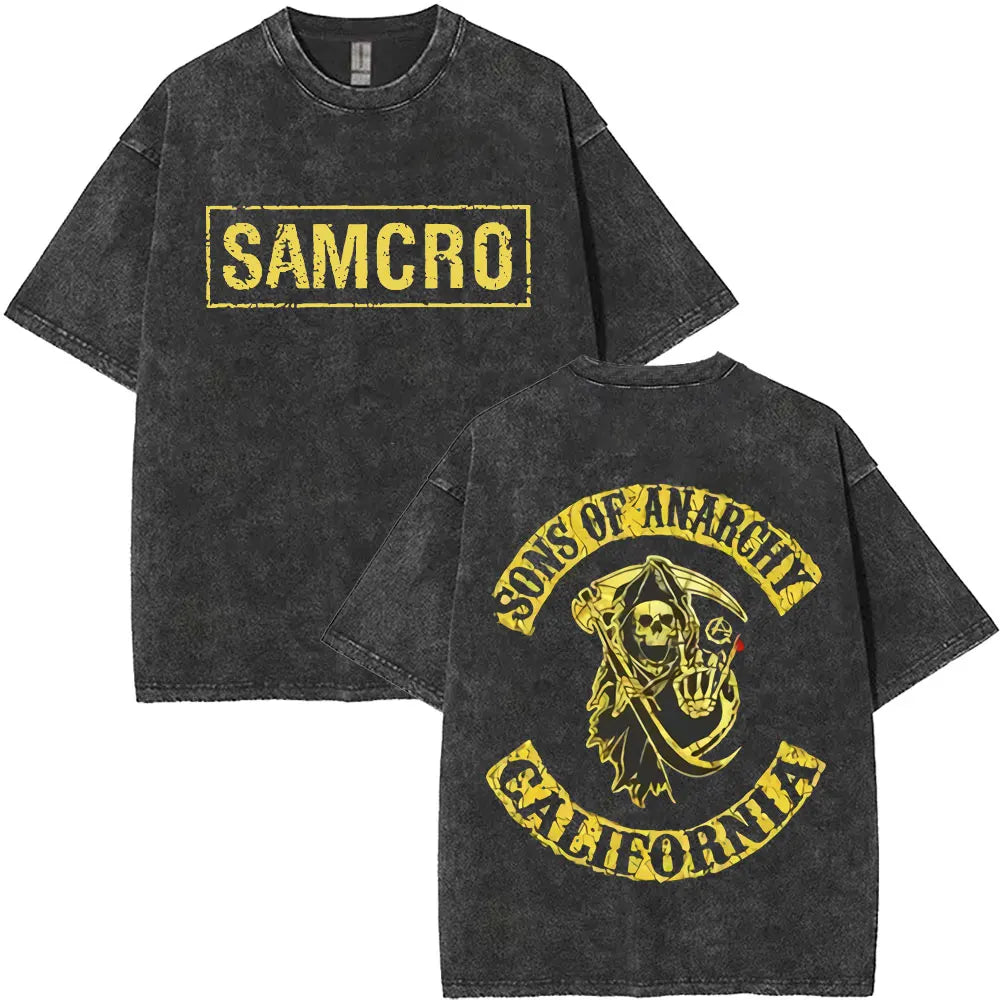 Washed Vintage Sons of Anarchy SAMCRO Double Sided Graphic T Shirt Men Women Hip Hop Rock Oversized T-shirts Male Casual T-shirt