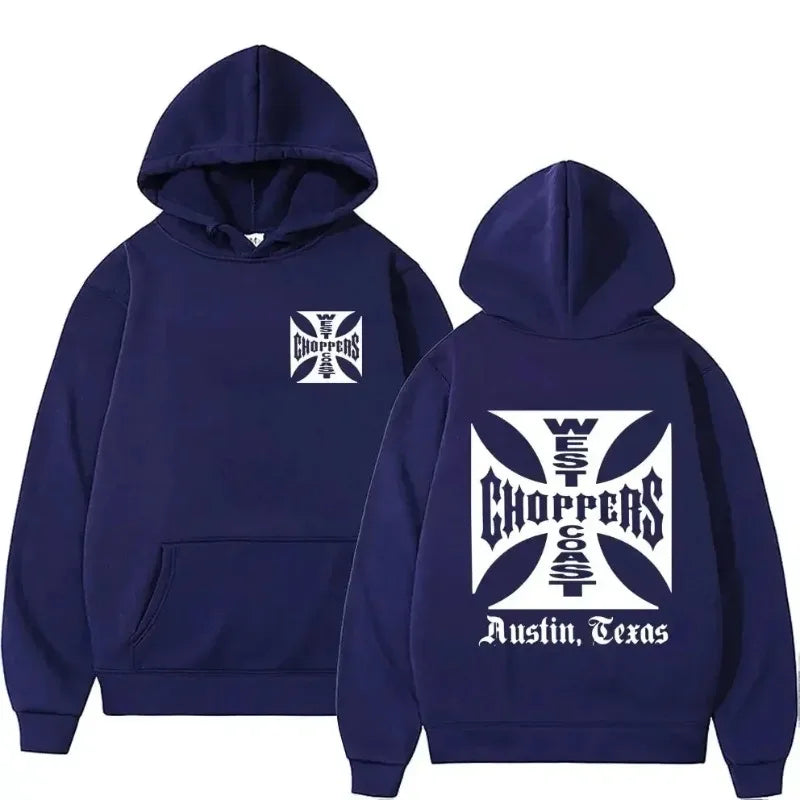 Men's Black Fashion Cool Sweatshirt Unisex Fashion Fleece Oversized Hoodie Streetwear West Coast Iron Cross Choppers Logo Hooded