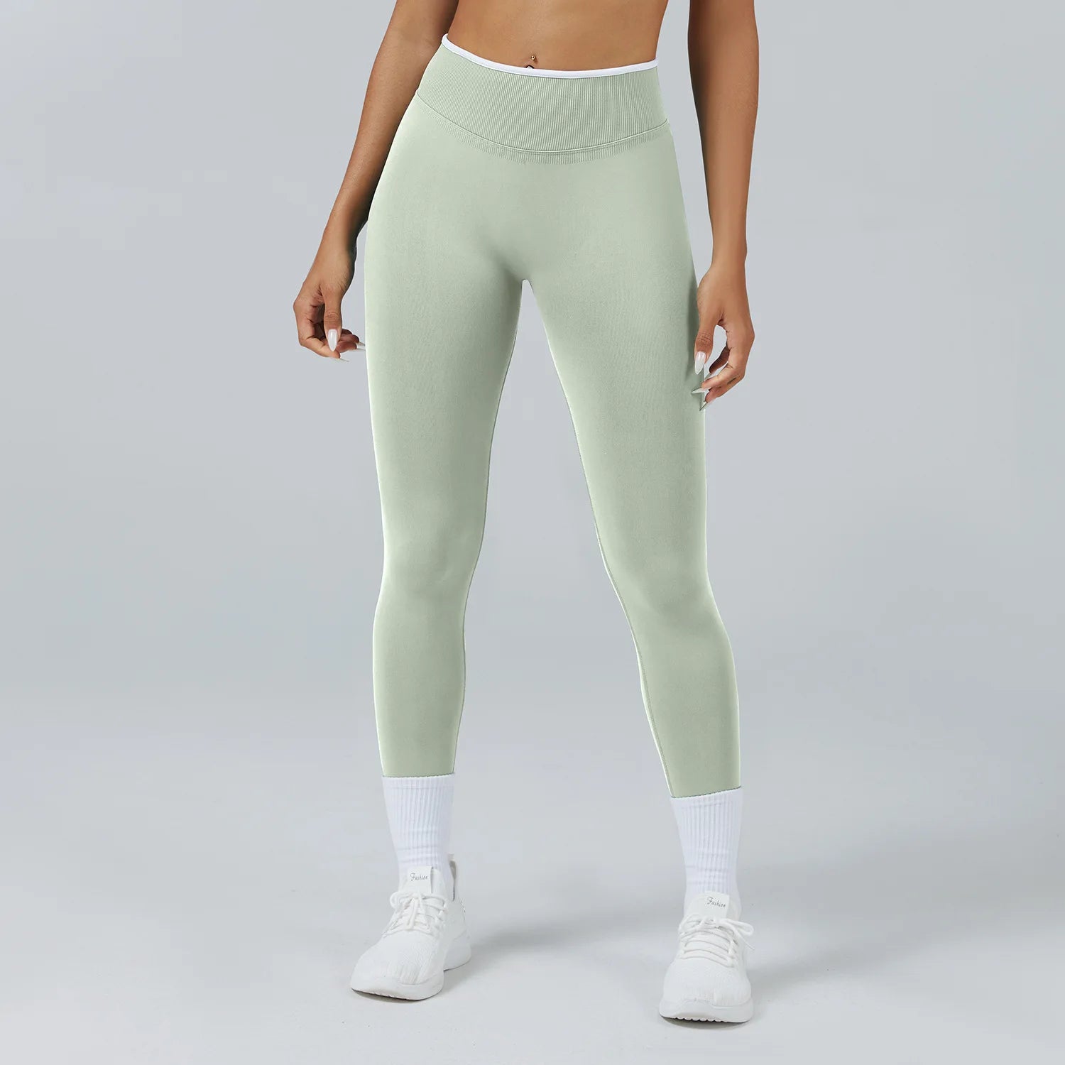 Women Seamless Ribbed Band High Waist Butt Lifting Sports Pants Leggings Compression Fitness Running Gym Workout Wear Suit