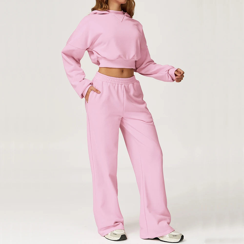 Winter Hooded Sweatshirt Set 2-piece Casual Outdoor Long Sleeved Loose Yoga Set Women's Casual Running Sportswear