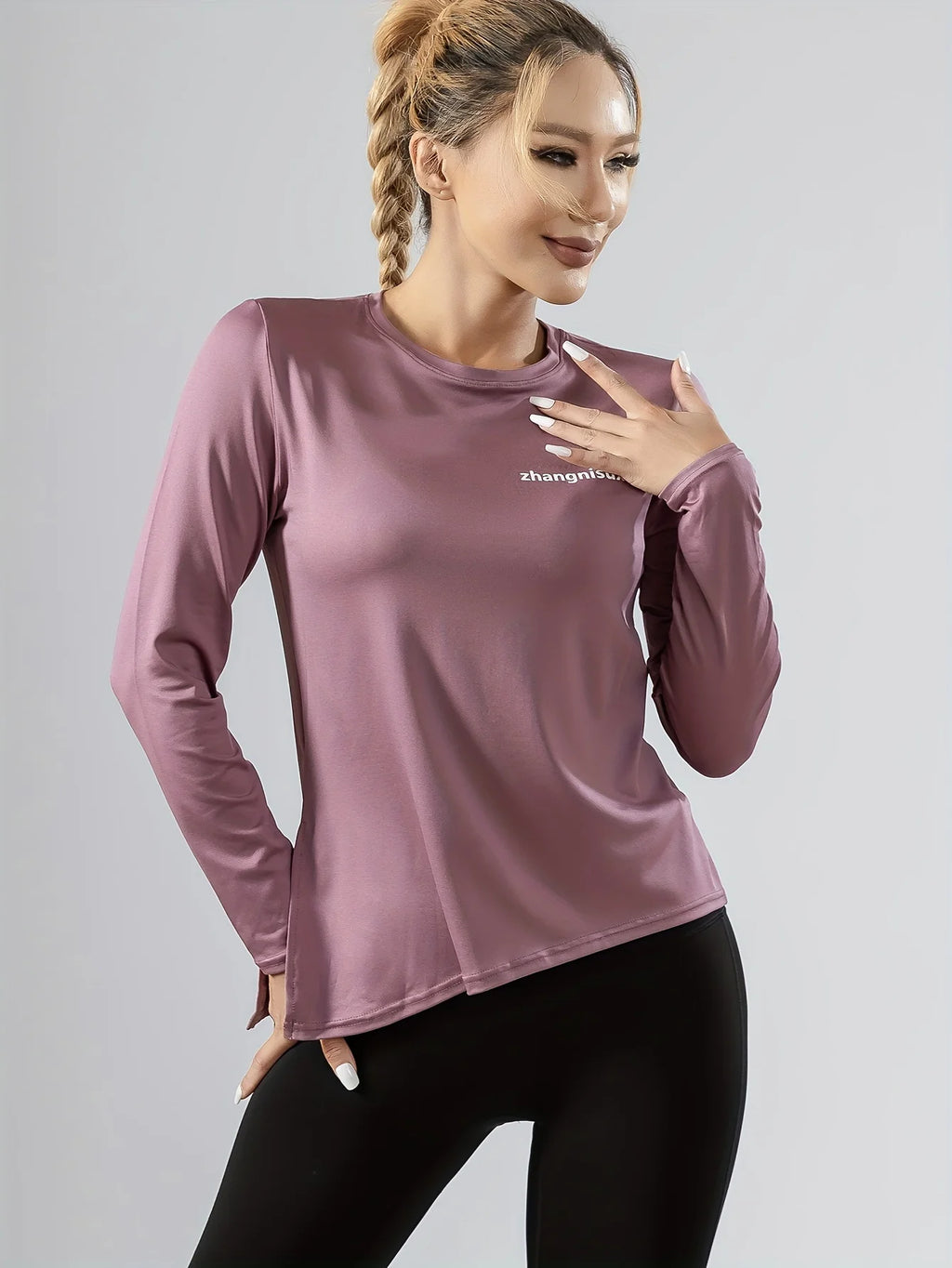 Letter Print Round Neck Long Sleeve T-shirt, Fitness Yoga Split Hem Top, Women's Tops