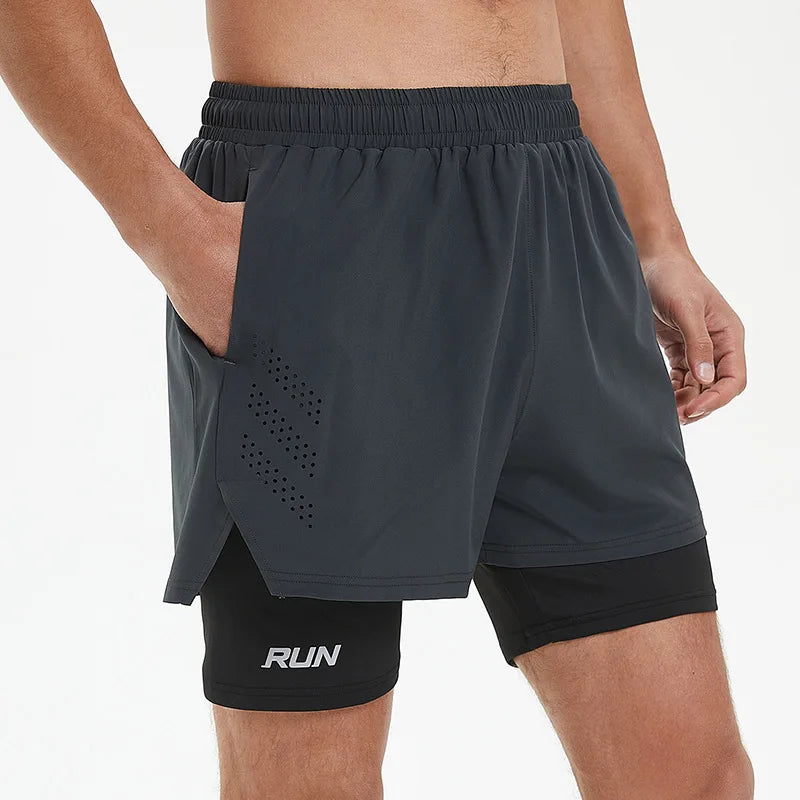 Men 2 in 1 Multi-Pocket Shorts Fitness Workout Lined Tight Short Race Marathon Sweatpants Quick Dry Breathable Scanties Running