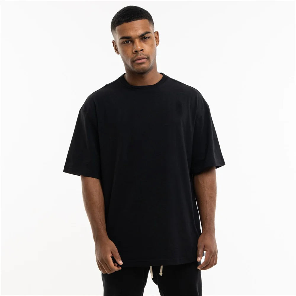 New Casual Loose T-shirt Men Cotton Short Sleeves Tees Tops Summer Gym Fitness Solid Shirt Male Running Sports Training Clothing