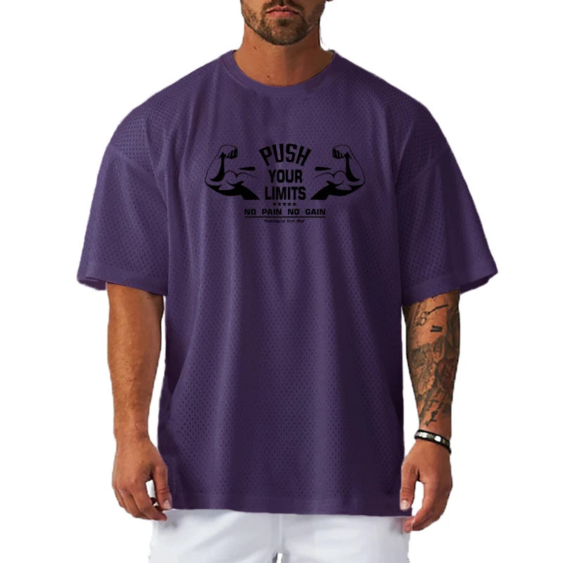 Oversized Loose Mesh Quick-Dry Short-Sleeved Sportswear Gym Bodybuilding Fitness Running Shirts Men's Workout Training T-Shirts