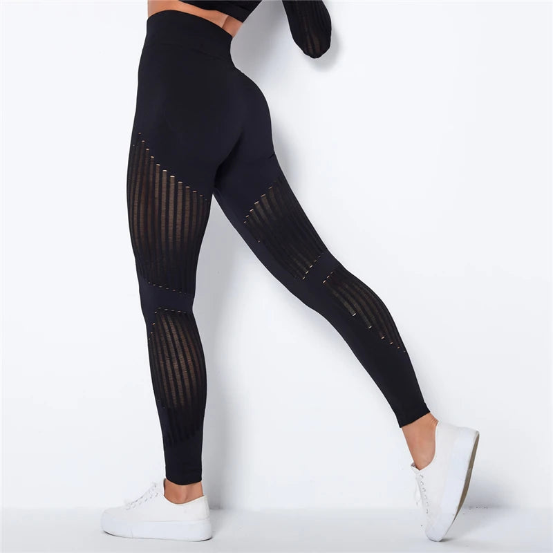 Hollow hip lift Sexy Leggings Women Seamless elastic tight bodybuilding High Waist Stripe Pants Slim Push Up Fitness Leggins