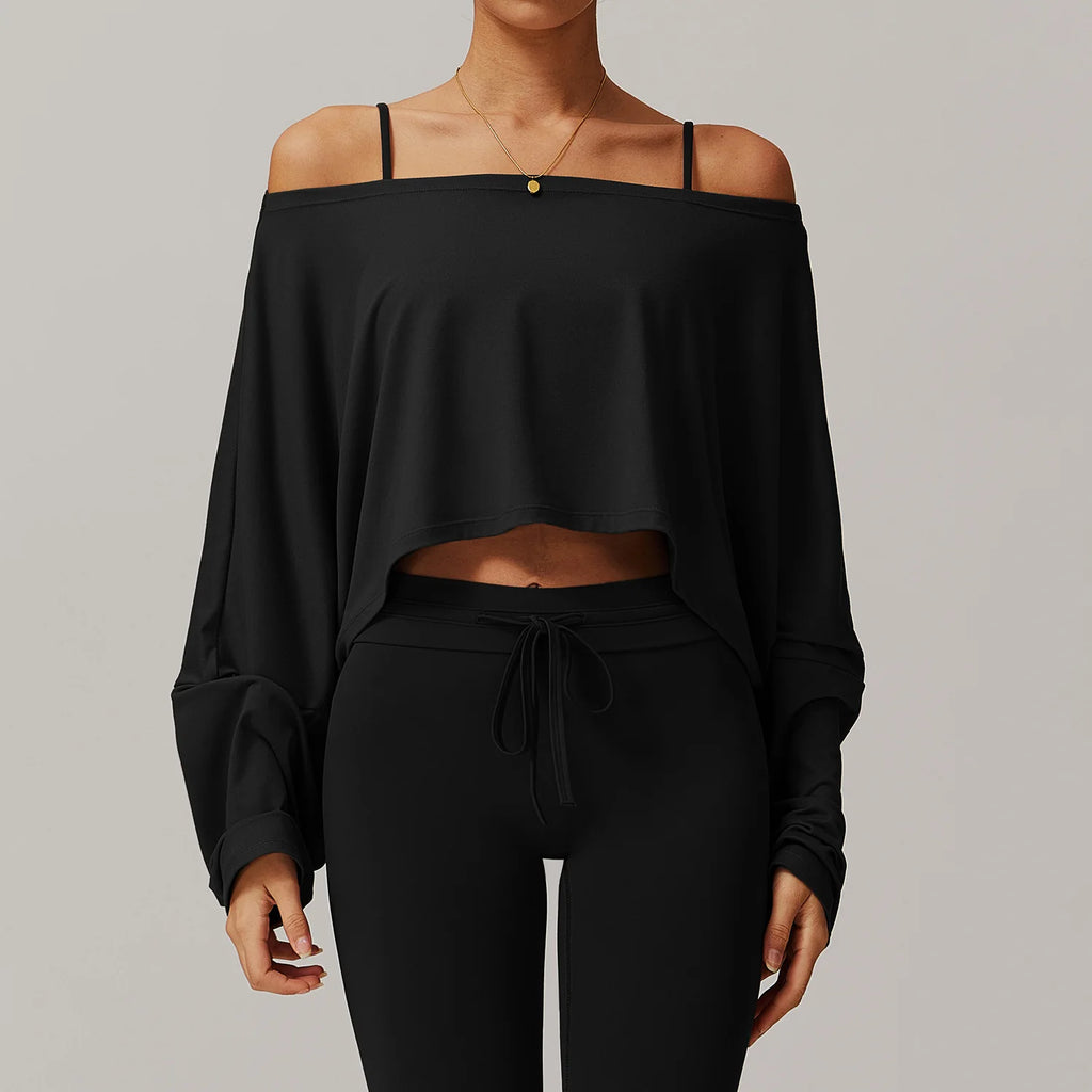 New Fitness Sports Long Sleeve Loose Top Women's One Shoulder Bat Sleeve Outerwear Casual Versatile Long Sleeve Yoga Hoodie