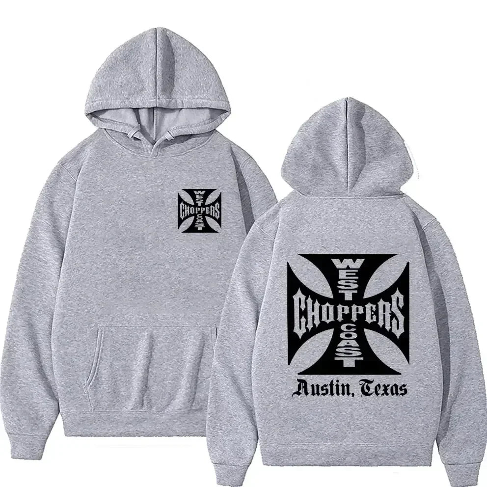 Men's Black Fashion Cool Sweatshirt Unisex Fashion Fleece Oversized Hoodie Streetwear West Coast Iron Cross Choppers Logo Hooded