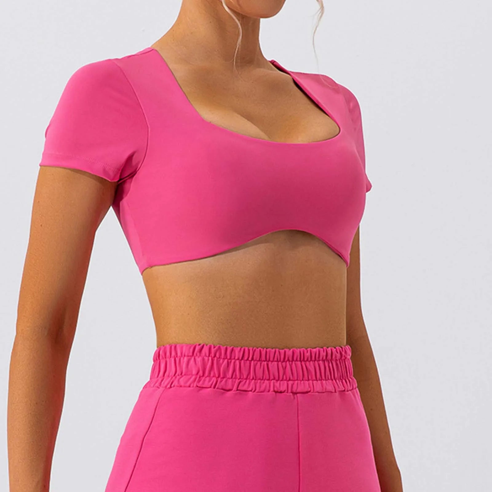 Ultra-Short T-Shirts Women Bare Midriff Square Neck Short Sleeve Tees Yoga Clothes Summer Sportwear Gym Running Quick Dry Tops