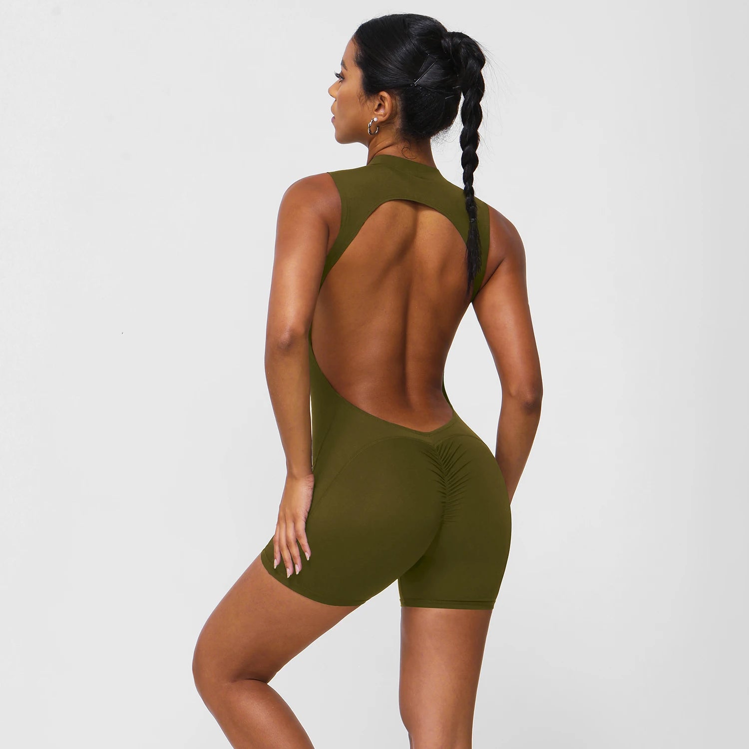 Women Fitness Backless Jumpsuit Sleeveless Gym Running Training Shorts Set Lift Buttocks Padded Jumpsuit