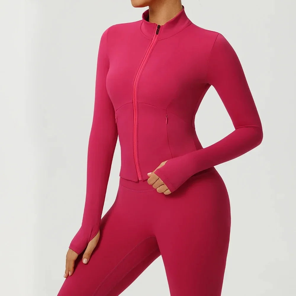 Double Zipper Pockets Long Sleeve Yoga Jacket Women Tight Slim Fitness Sports Shirts Gym Workout Tops Running Cycling Jackets
