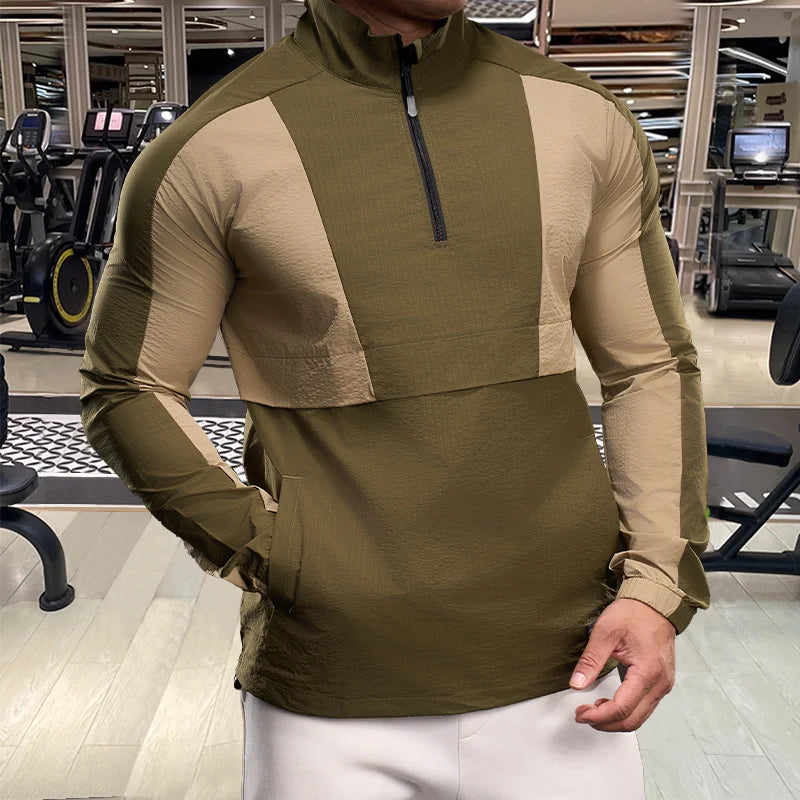 Men Long Sleeves T-shirt Elastic Ice Silk Outdoor Sports Fitness Quick Dry T-Shirt Half Zipper Sports Casual Top Men Sportswear