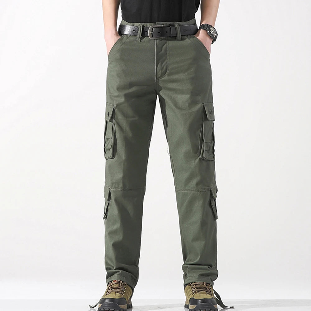 8 POCKETS 100% Cotton Men's Solid Color Cargo Pants, Breathable ComfyOutdoor Pants With Multi Pockets For Hiking Trekking Travel