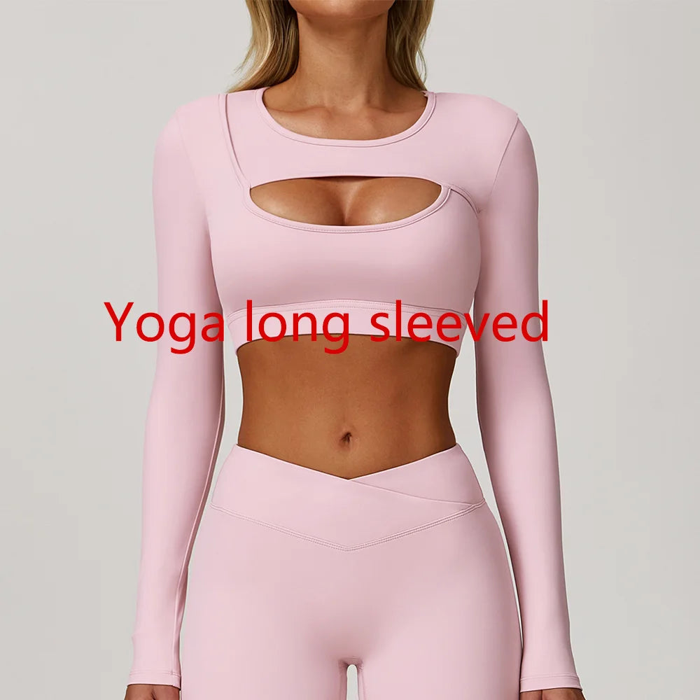 Women Yoga T-shirts Breathable Sports Top Long Sleeve Workout Running Shirts Sexy Exposed Navel Quick Dry Fitness Gym Clothing