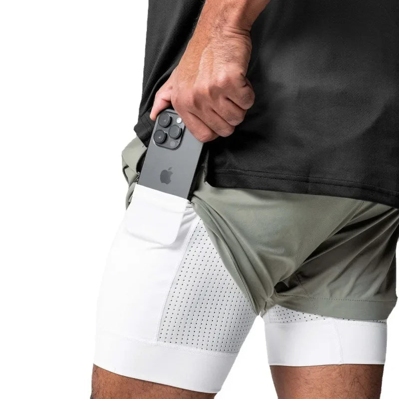 Men's Summer Gym Fitness Sport Double-deck 2 in 1 Shorts Quick Dry Running Workout Jogger Short Pants Bodybuilding Sweatpants