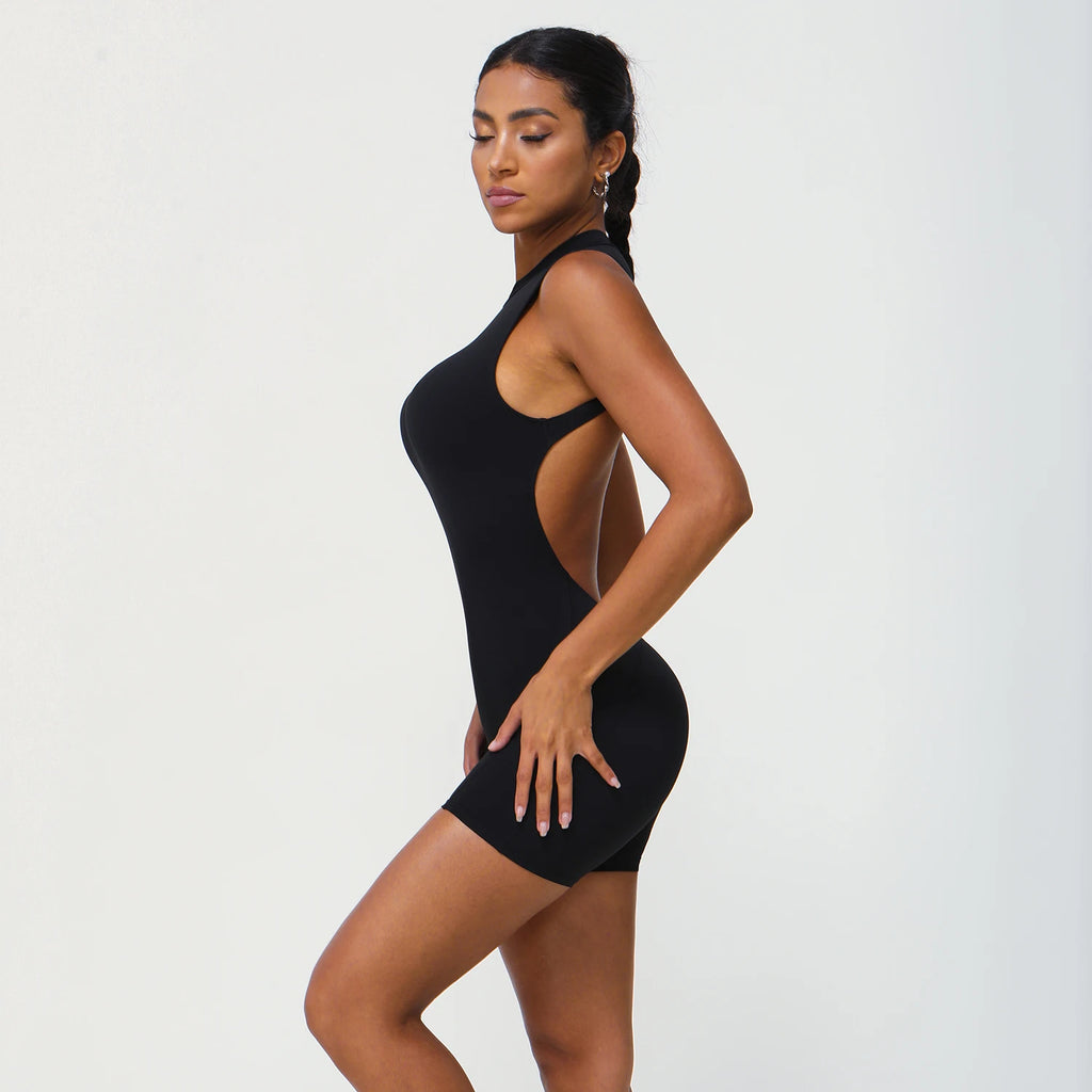Women Fitness Backless Jumpsuit Sleeveless Gym Running Training Shorts Set Lift Buttocks Padded Jumpsuit