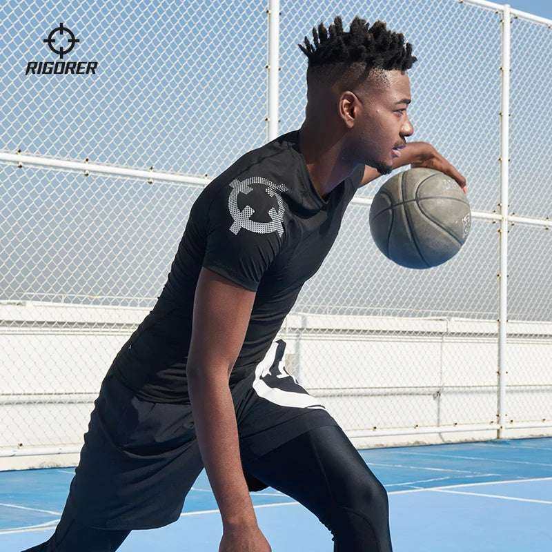 RIGORER Short-sleeved Compression Sportswear Running T-shirt Elastic Quick Dry Sport Tops Tee Athletic Gym Workout Shirts Men
