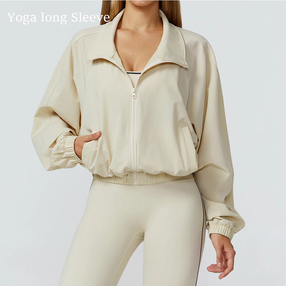 Women Zipper and Pockets Yoga Long Sleeve Gym Fitness Jacket Female Running Workout Sports Tops Windproof Yoga Top Sportswear