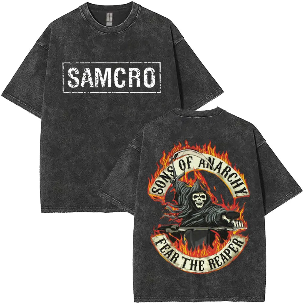 Washed Vintage Sons of Anarchy SAMCRO Double Sided Graphic T Shirt Men Women Hip Hop Rock Oversized T-shirts Male Casual T-shirt
