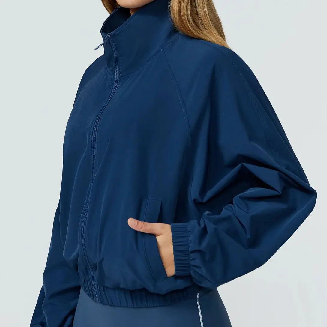 Women Sport Jacket Long Sleeve Shirt Gym Sportswear Quick Drying Stand Up Collar Zipper Top Windproof Outdoor Running Yoga Jacke