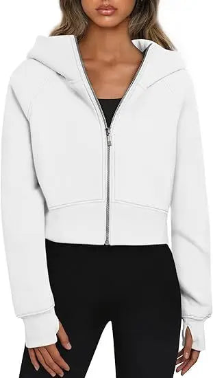 2025 European and American Women's Hooded Zipper Short Casual Plush Long-sleeved Sweatshirt